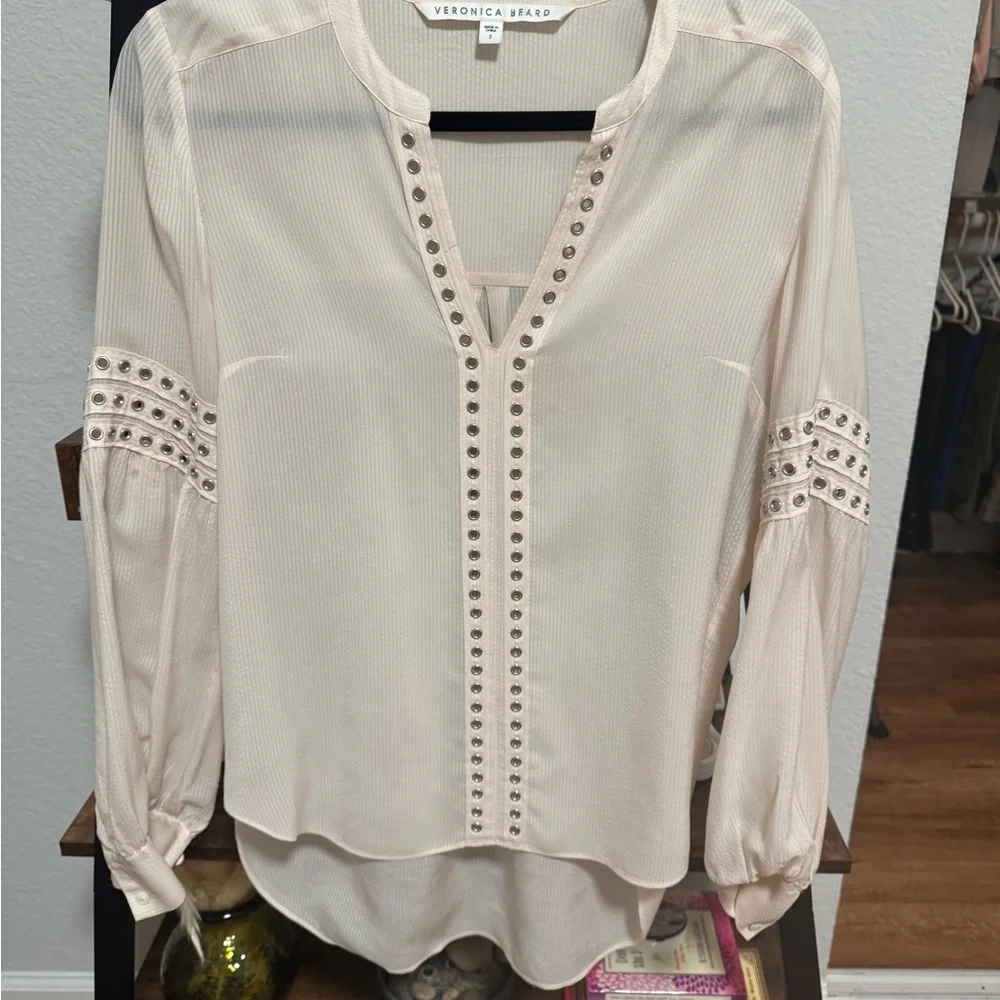 Veronica Beard Silk Blouse Cream Studded Trim Long Sleeve Boho Top - Picture 11 of 11